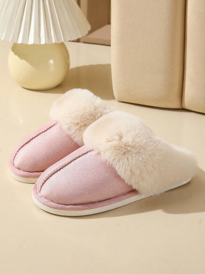 Pantoffels voor dames in suède look met brede omgeslagen kraag van pluche en lichte zool - roze