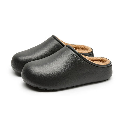 Pantoffels met gladde buitenkant met nerf, pluche voering en open hiel - zwart