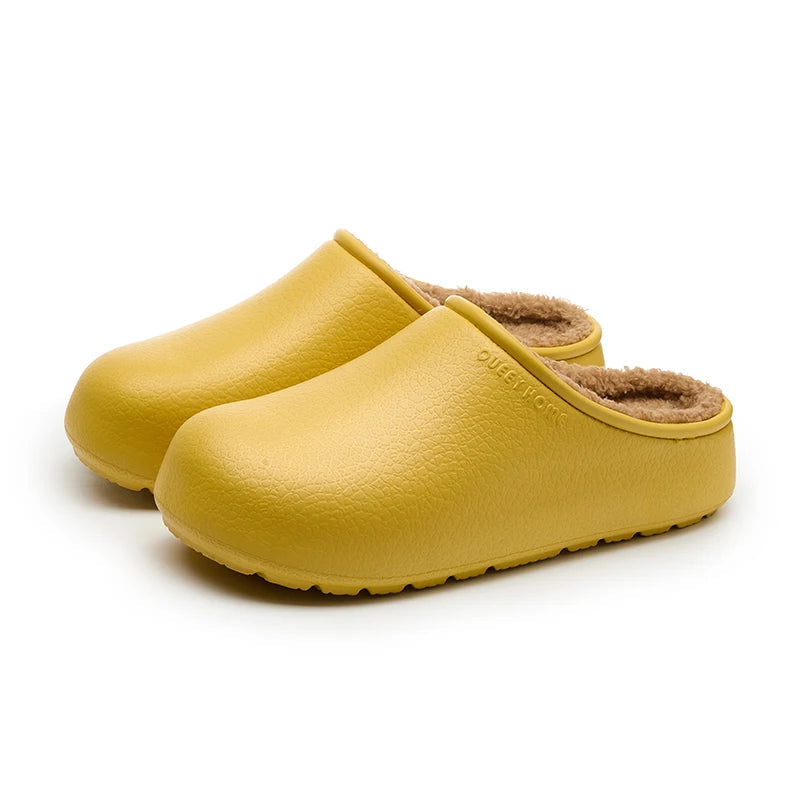 Pantoffels met gladde buitenkant met nerf, pluche voering en open hiel - geel
