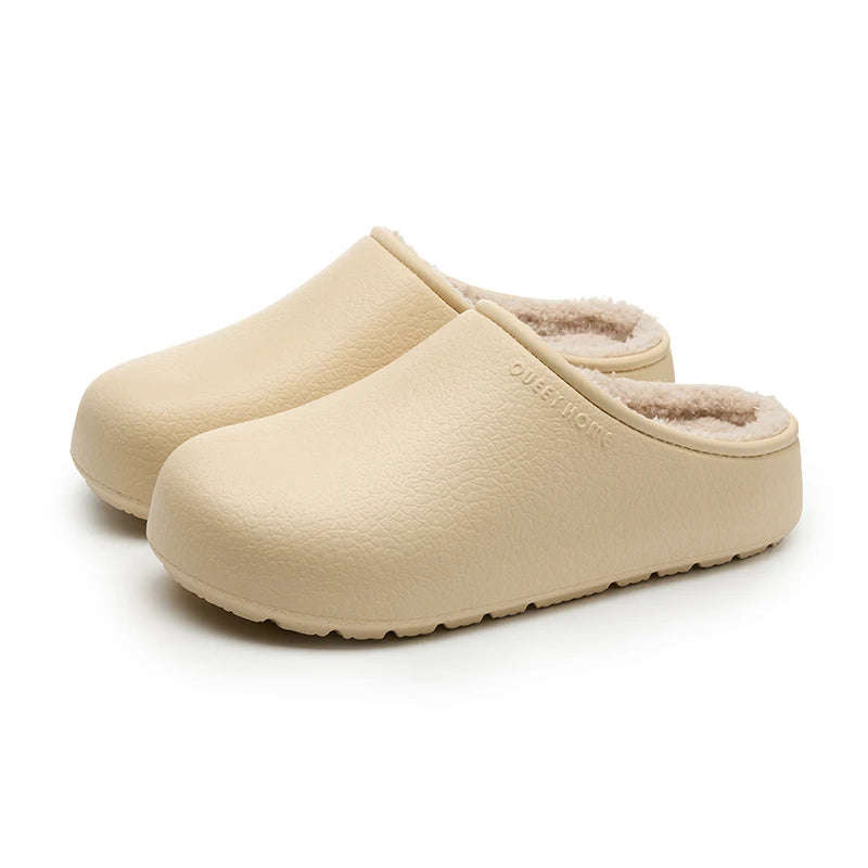 Pantoffels met gladde buitenkant met nerf, pluche voering en open hiel - crème
