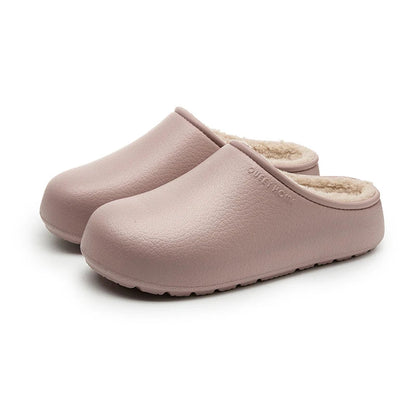 Pantoffels met gladde buitenkant met nerf, pluche voering en open hiel - mauve