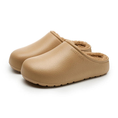Pantoffels met gladde buitenkant met nerf, pluche voering en open hiel - camel