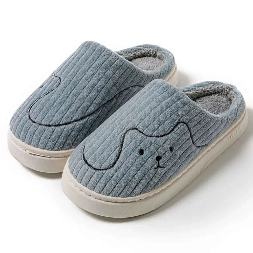 Pantoffels van ribvelours met geborduurd diergezichtje, fleece voering en rubberen zool - blauwgrijs