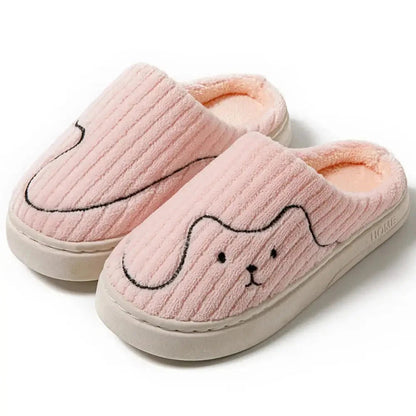 Pantoffels van ribvelours met geborduurd diergezichtje, fleece voering en rubberen zool - roze