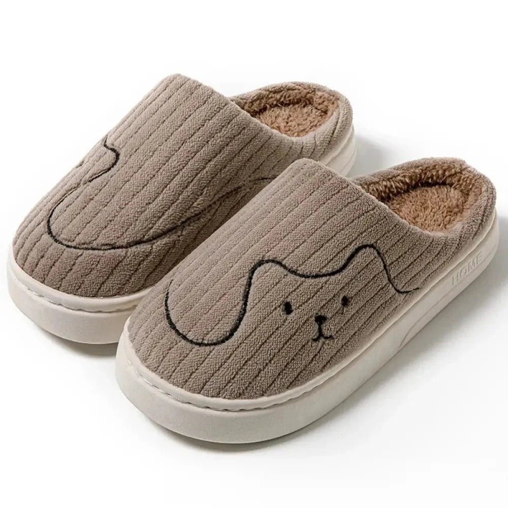 Pantoffels van ribvelours met geborduurd diergezichtje, fleece voering en rubberen zool - taupe