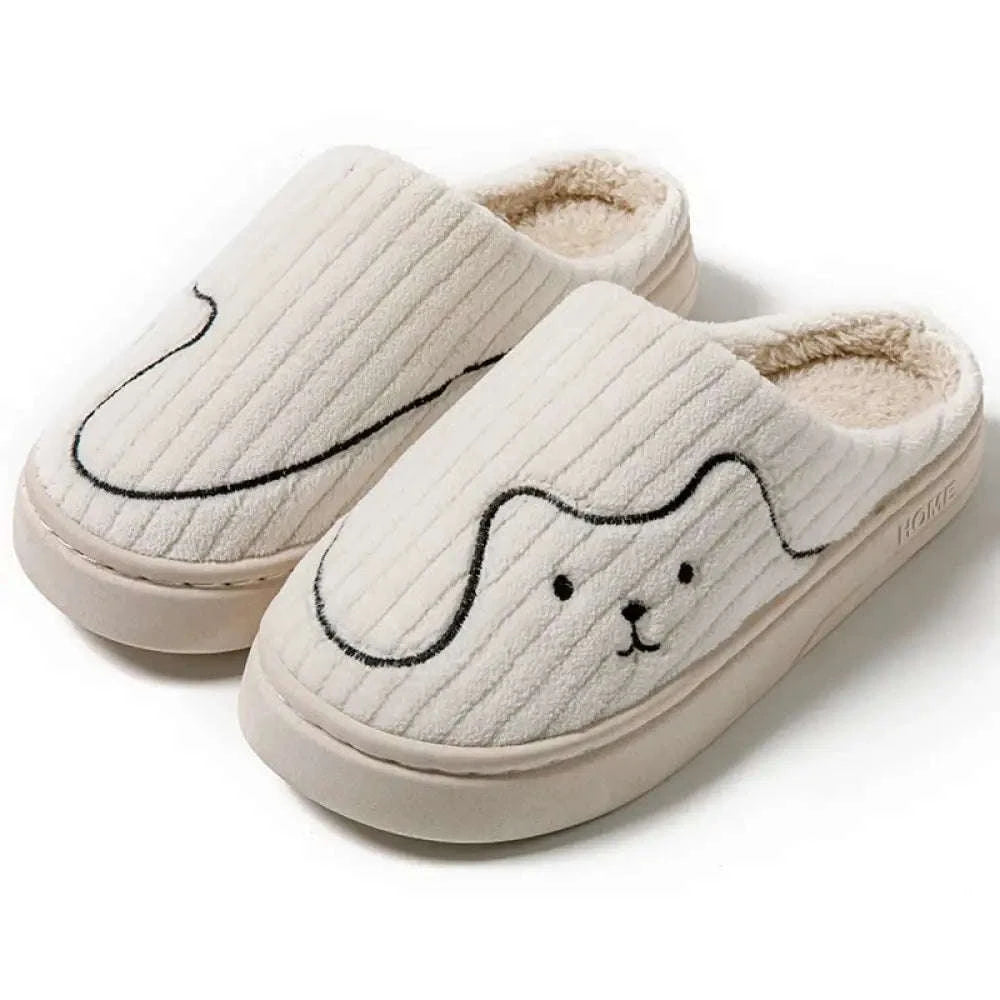 Pantoffels van ribvelours met geborduurd diergezichtje, fleece voering en rubberen zool - wit