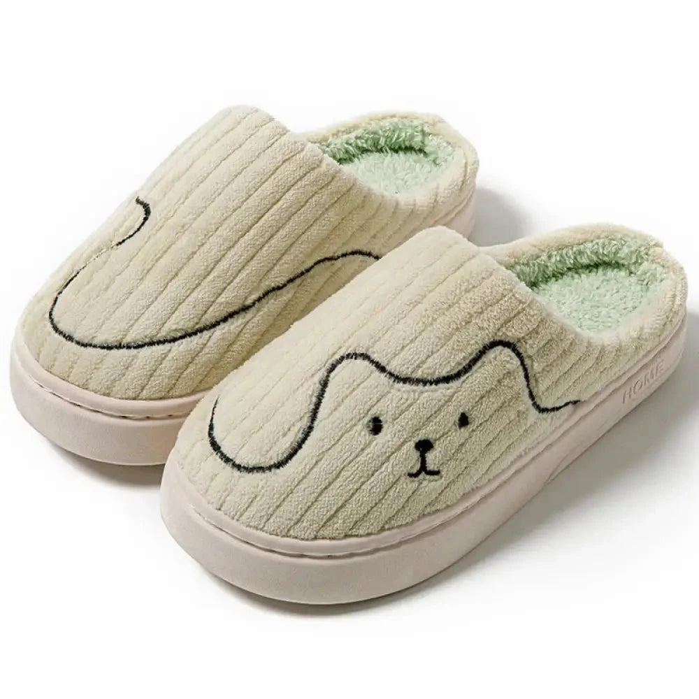 Pantoffels van ribvelours met geborduurd diergezichtje, fleece voering en rubberen zool - lichtgroen