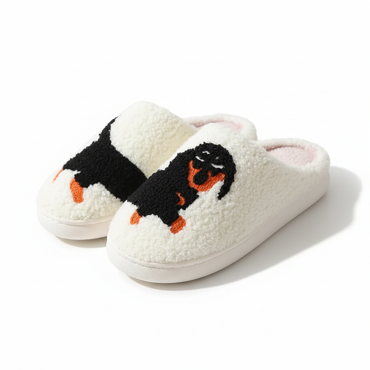 Unisex pantoffels van teddy fleece met een geborduurde hond of kat - teckel
