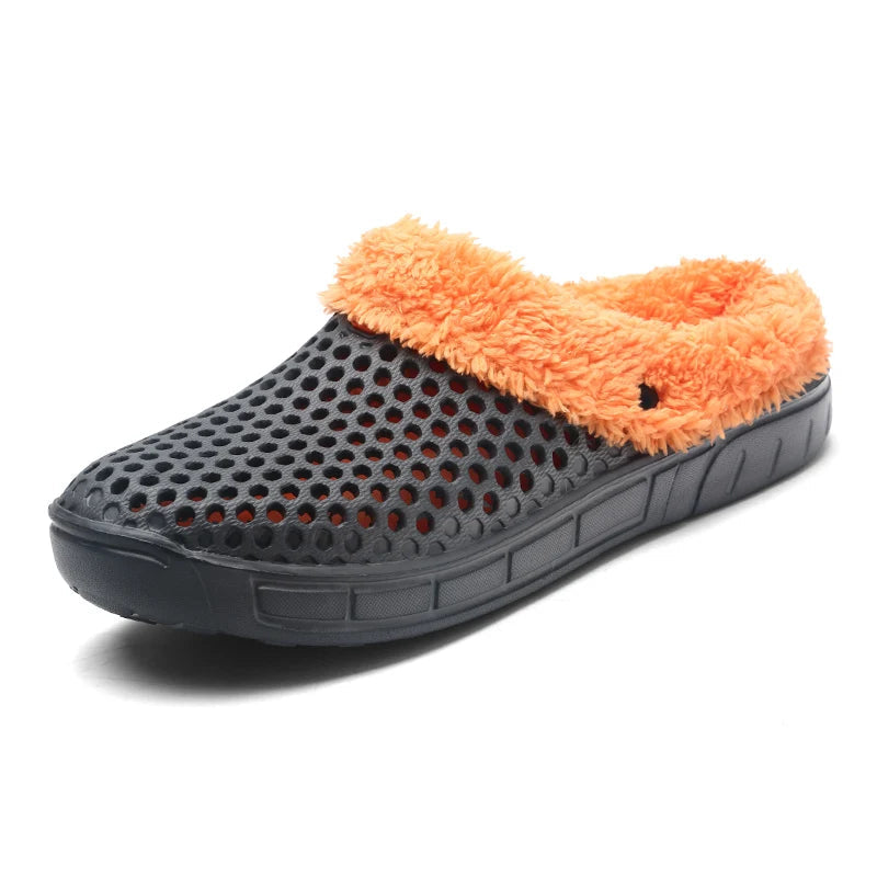 Pantoffels van EVA met gaten, fleece voering en open hiel - donkergrijs / oranje