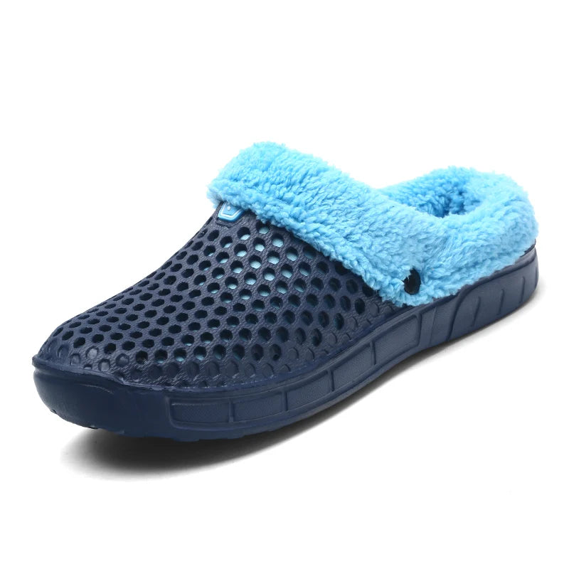 Pantoffels van EVA met gaten, fleece voering en open hiel - marineblauw / lichtblauw