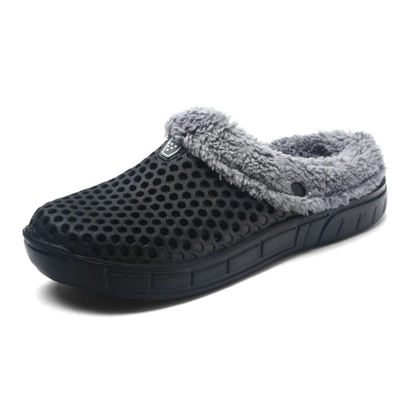 Pantoffels van EVA met gaten, fleece voering en open hiel - zwart / grijs