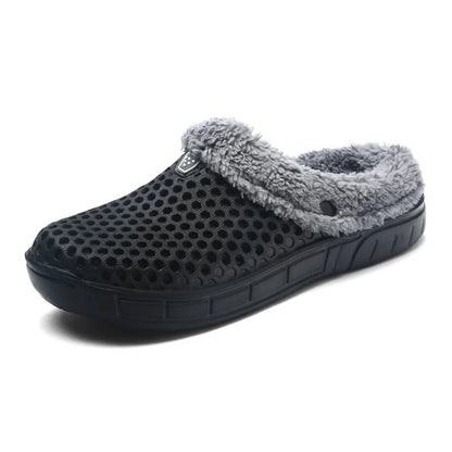 Pantoffels van EVA met gaten, fleece voering en open hiel - zwart / grijs