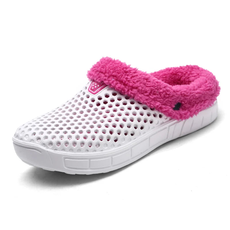 Pantoffels van EVA met gaten, fleece voering en open hiel - wit / roze