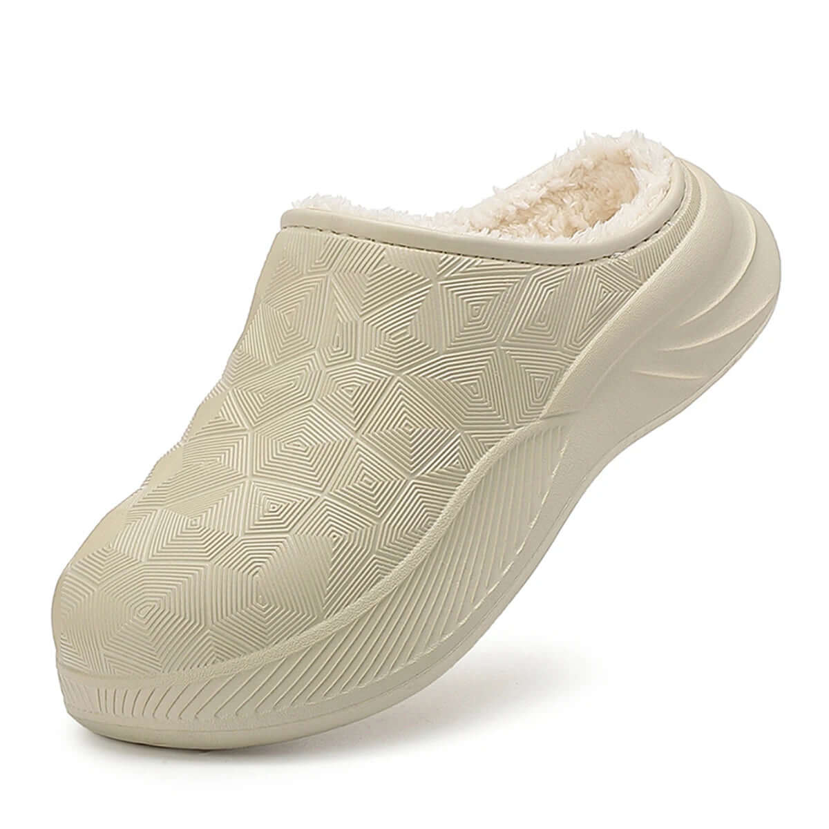 Pantoffels met waterafstotende bovenkant in geometrisch reliëf, teddy voering en dikke zool - beige