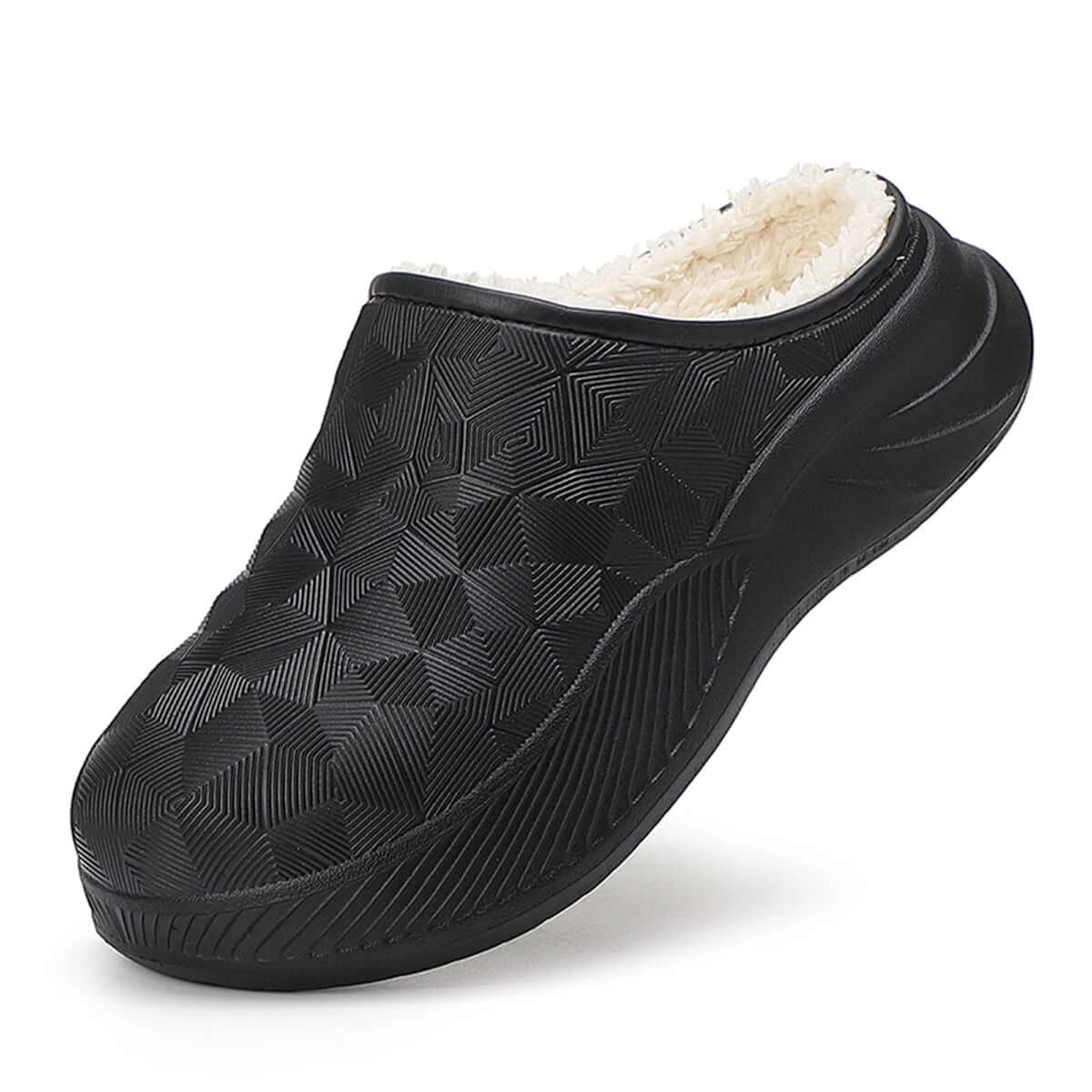 Pantoffels met waterafstotende bovenkant in geometrisch reliëf, teddy voering en dikke zool - zwart
