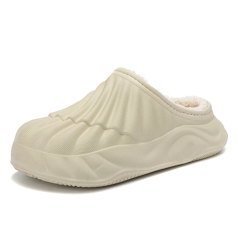 Pantoffels met geribbelde EVA-schaal, pluche voering, open hiel en golvende zool - beige