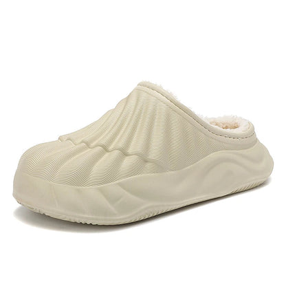 Pantoffels met geribbelde EVA-schaal, pluche voering, open hiel en golvende zool - beige