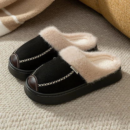 Pantoffels met dikke zool, suède look bovenkant en pluche rand - zwart