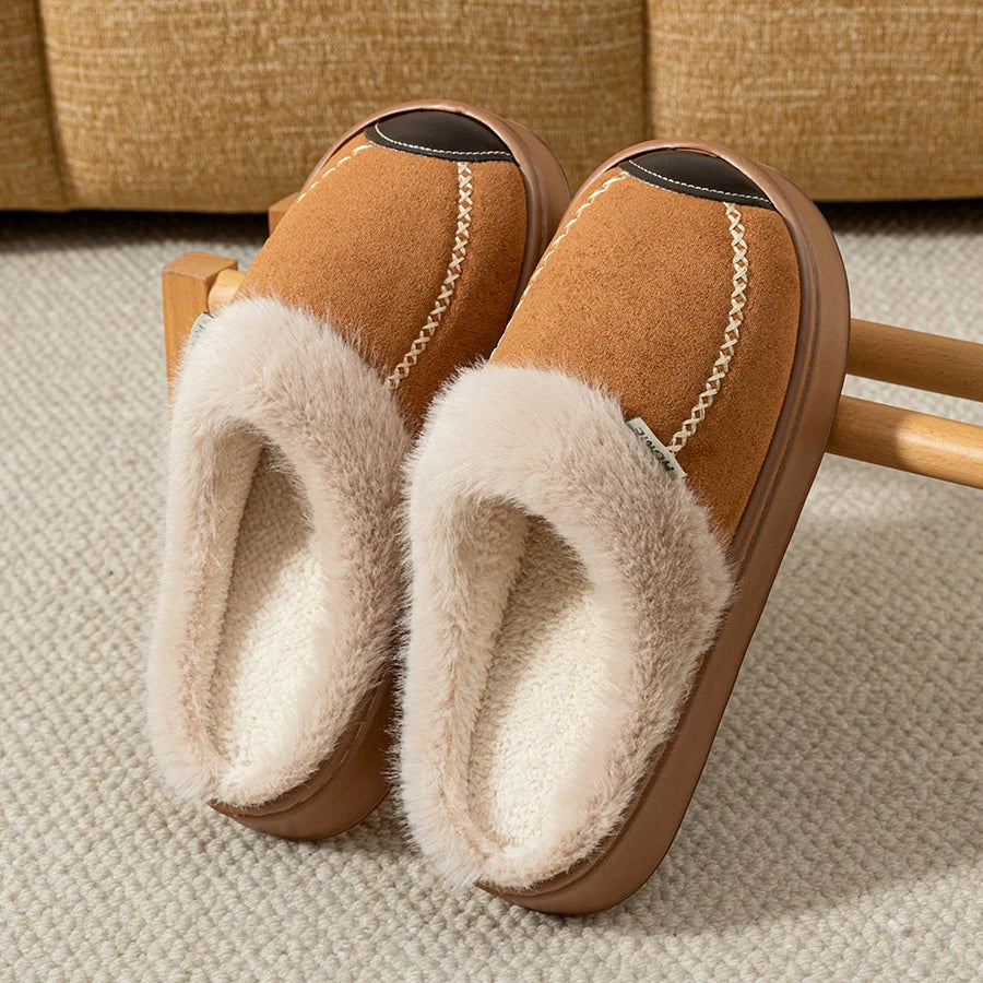 Pantoffels met dikke zool, suède look bovenkant en pluche rand - beeld 6