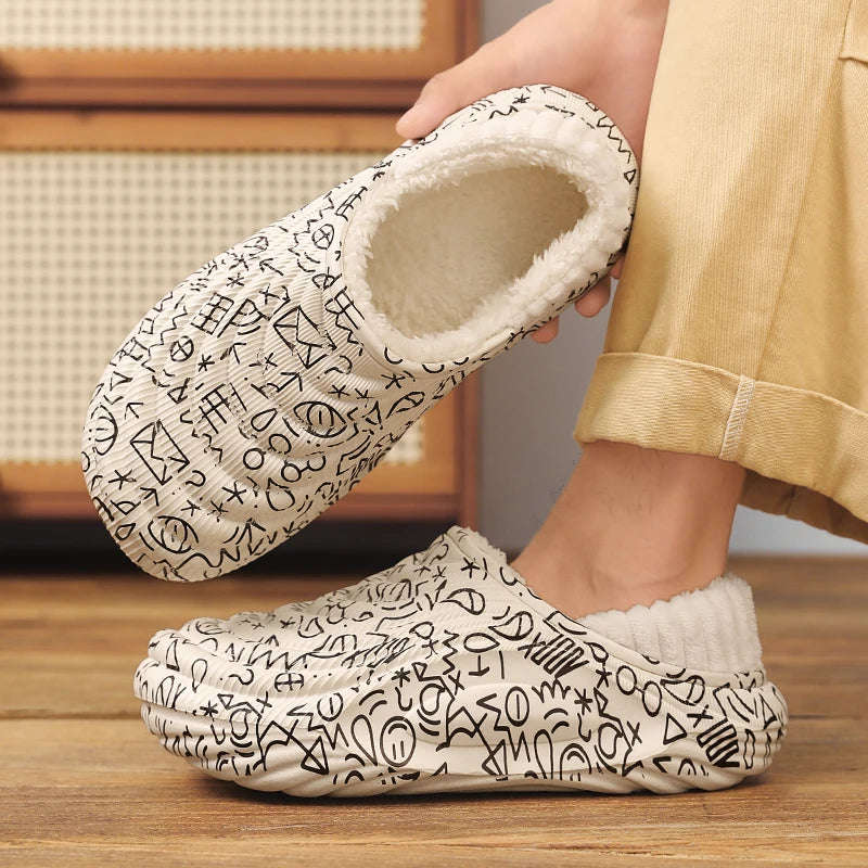 Pantoffels met dikke gegolfde zool, waterafstotende buitenkant met print en pluche voering