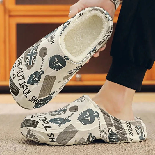 Pantoffels van EVA met print, pluche voering en open hiel - wit