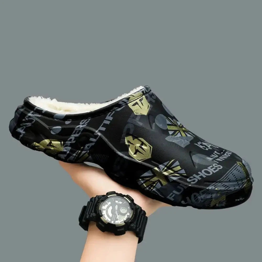 Pantoffels van EVA met print, pluche voering en open hiel - zwart