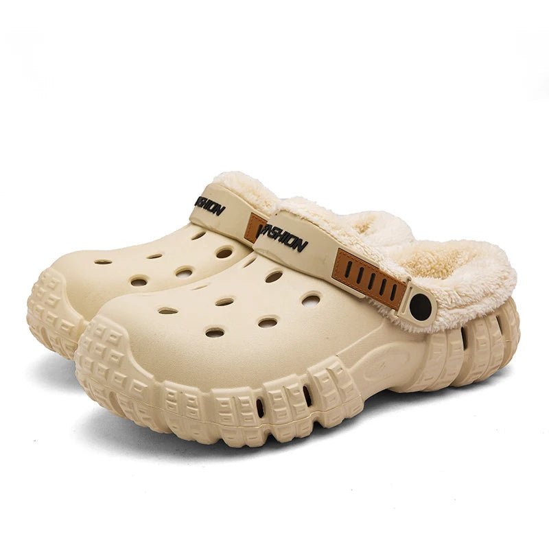 Pantoffels in klompmodel met EVA-buitenkant, fleece voering, dikke zool en draaibare hielband - beige
