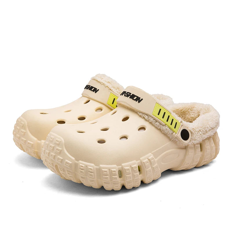 Pantoffels in klompmodel met EVA-buitenkant, fleece voering, dikke zool en draaibare hielband - crème