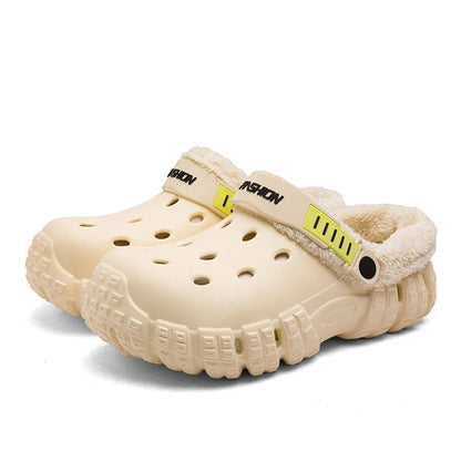 Pantoffels in klompmodel met EVA-buitenkant, fleece voering, dikke zool en draaibare hielband - crème