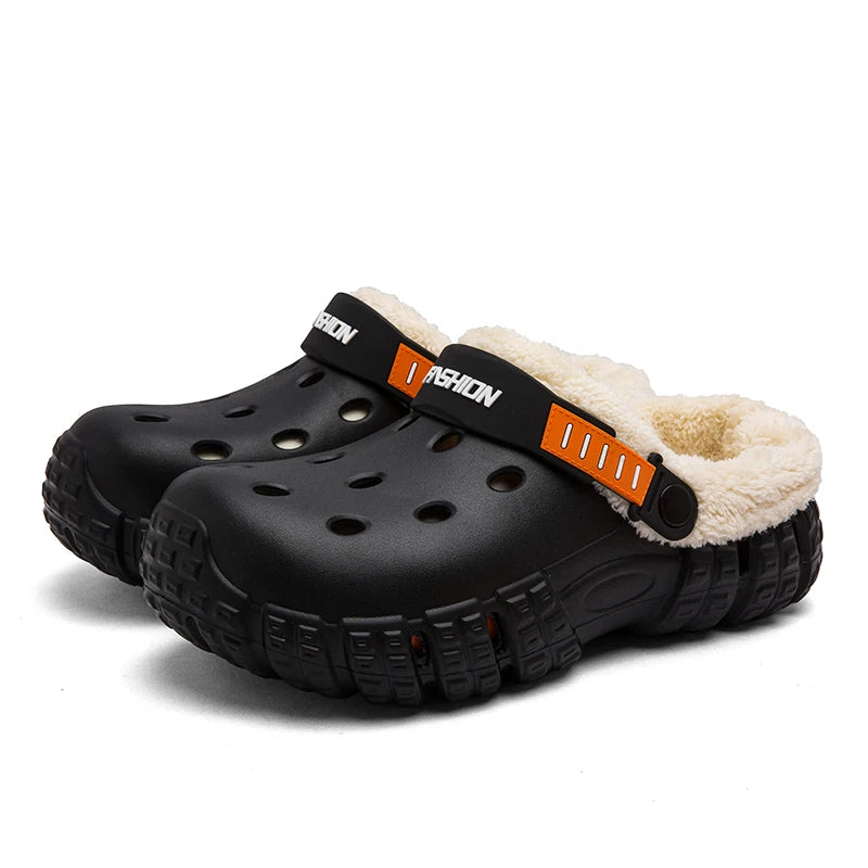 Pantoffels in klompmodel met EVA-buitenkant, fleece voering, dikke zool en draaibare hielband - zwart