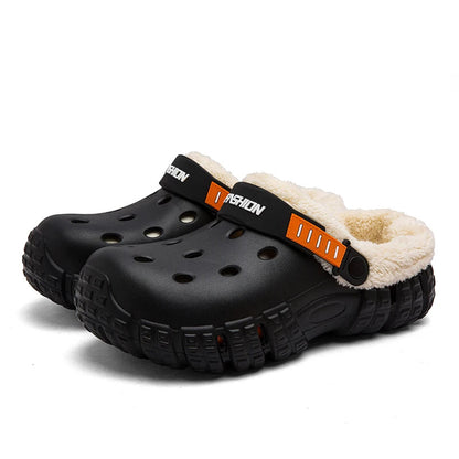 Pantoffels in klompmodel met EVA-buitenkant, fleece voering, dikke zool en draaibare hielband - zwart