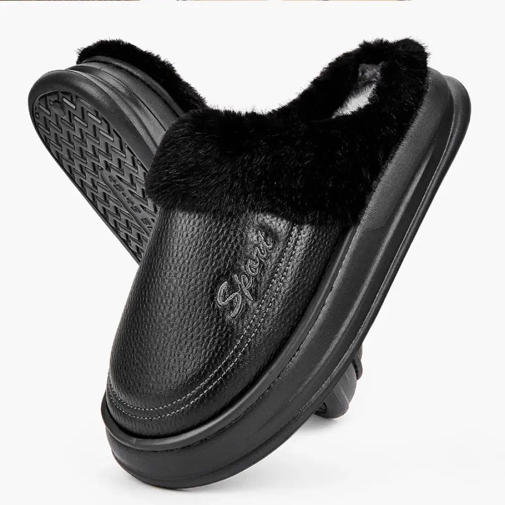 Pantoffels met gladde bovenkant in leerlook, pluche voering en rand en dikke zool - beeld 6