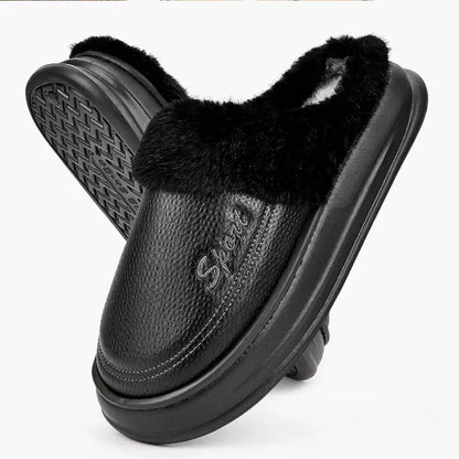 Pantoffels met gladde bovenkant in leerlook, pluche voering en rand en dikke zool - beeld 6