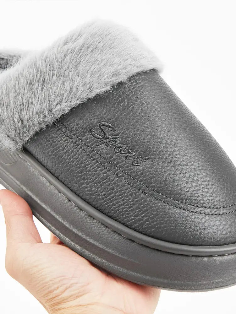 Pantoffels met gladde bovenkant in leerlook, pluche voering en rand en dikke zool - beeld 7