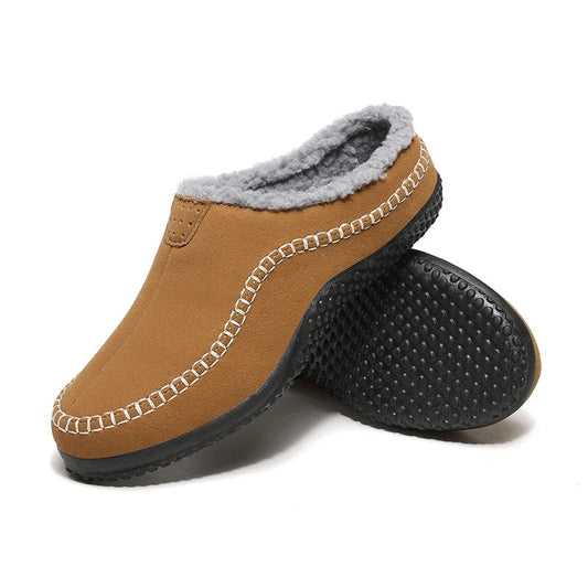 Pantoffels heren met open hiel, bovenkant in suède look, teddy voering en contraststiksel