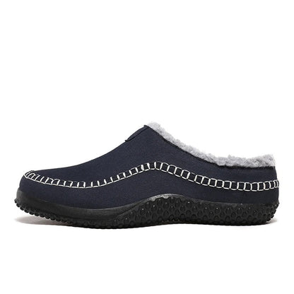 Pantoffels heren met open hiel, bovenkant in suède look, teddy voering en contraststiksel - marineblauw