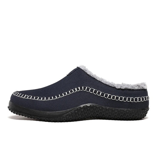 Pantoffels heren met open hiel, bovenkant in suède look, teddy voering en contraststiksel - marineblauw