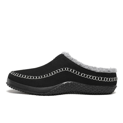 Pantoffels heren met open hiel, bovenkant in suède look, teddy voering en contraststiksel - zwart