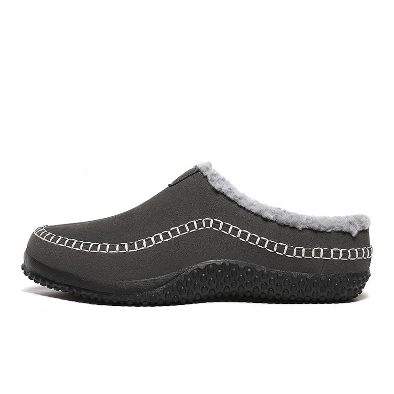 Pantoffels heren met open hiel, bovenkant in suède look, teddy voering en contraststiksel - grijs