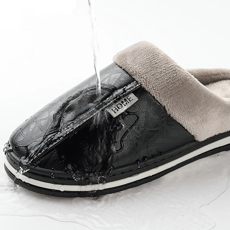 Pantoffels voor heren van PU-kunstleer met pluche rand, pluche voering en open hiel - beeld 4
