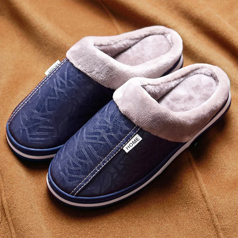Pantoffels voor heren van PU-kunstleer met pluche rand, pluche voering en open hiel - marineblauw