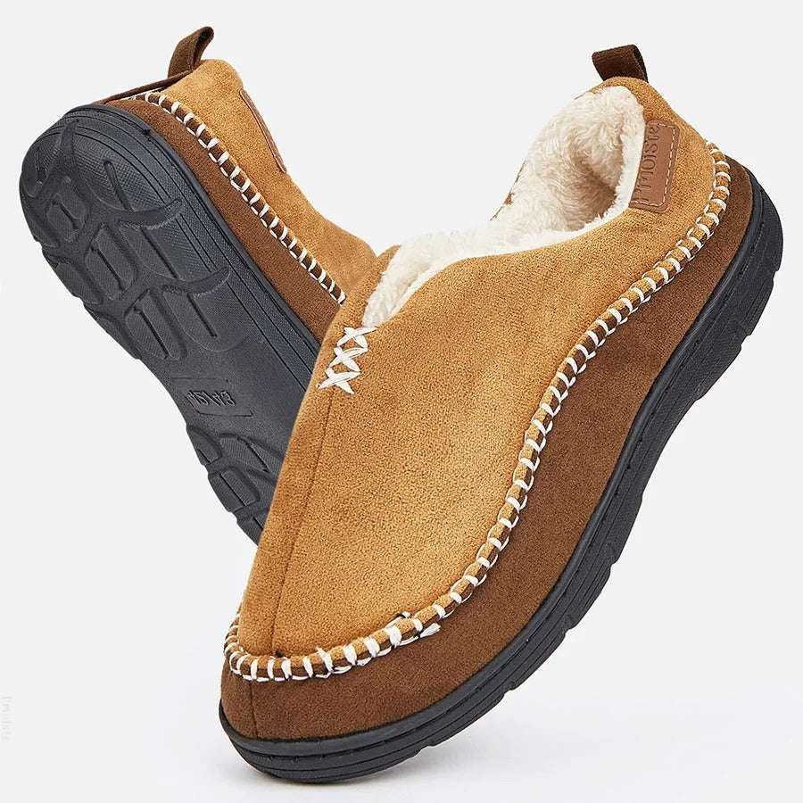 Dichte pantoffels voor heren in suède look met teddy voering en harde zool met profiel - camel