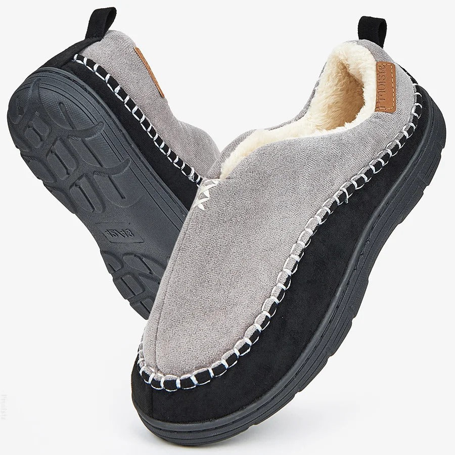 Dichte pantoffels voor heren in suède look met teddy voering en harde zool met profiel - grijs
