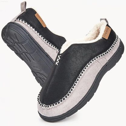 Dichte pantoffels voor heren in suède look met teddy voering en harde zool met profiel - zwart