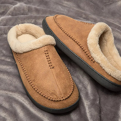 Herenpantoffels in suède look met mocassinsteek, omgeslagen teddykraag en open hiel