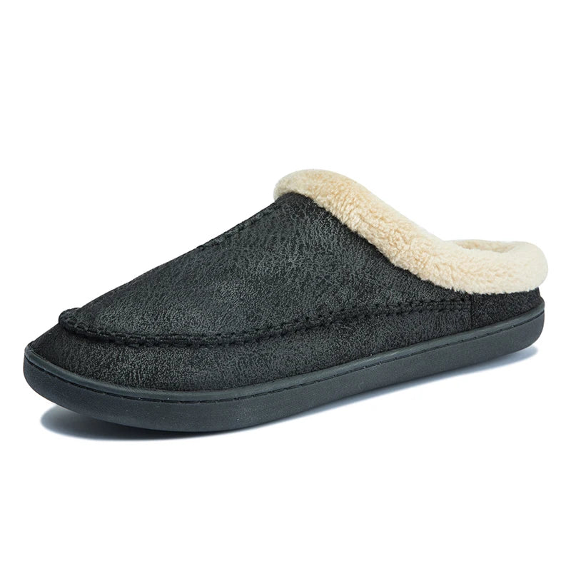 Herenpantoffels in suède look met mocassinsteek, omgeslagen teddykraag en open hiel - zwart