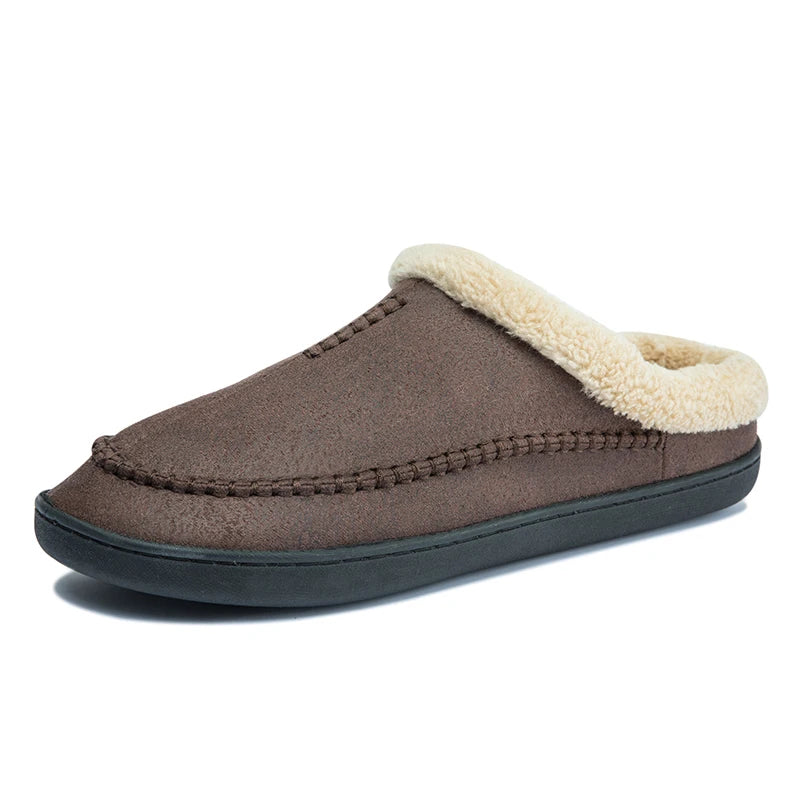 Herenpantoffels in suède look met mocassinsteek, omgeslagen teddykraag en open hiel - donkerbruin