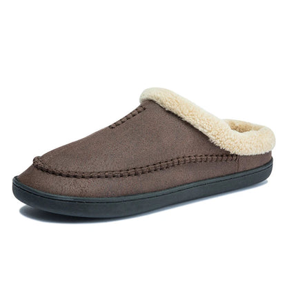 Herenpantoffels in suède look met mocassinsteek, omgeslagen teddykraag en open hiel - donkerbruin