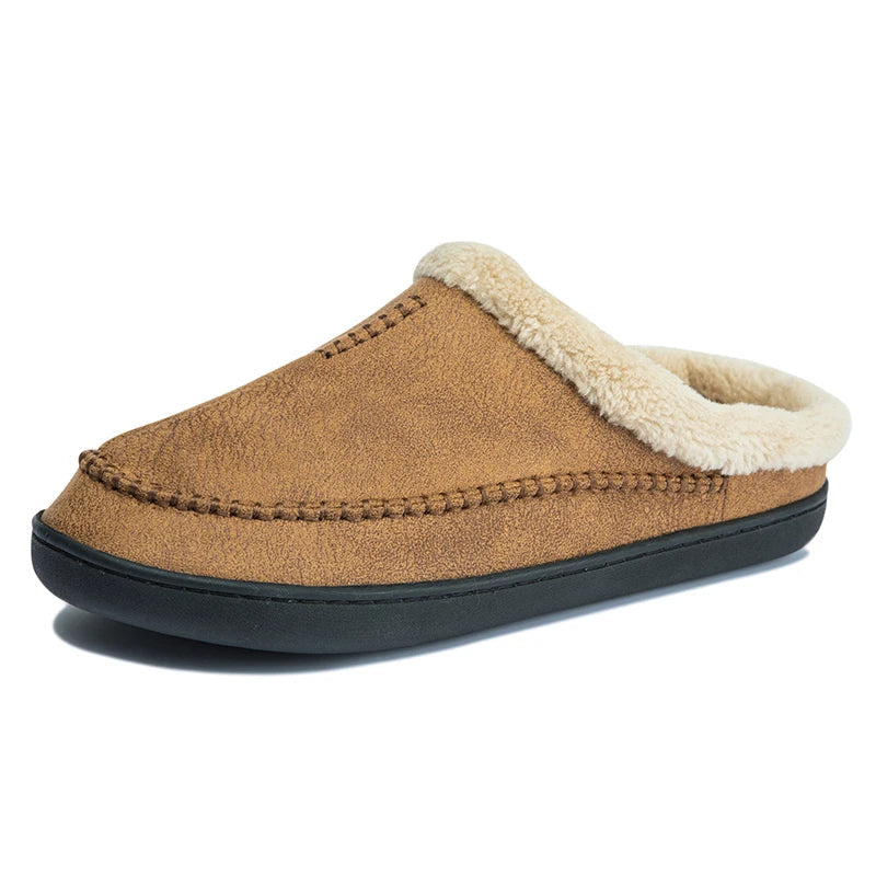 Herenpantoffels in suède look met mocassinsteek, omgeslagen teddykraag en open hiel - cognac