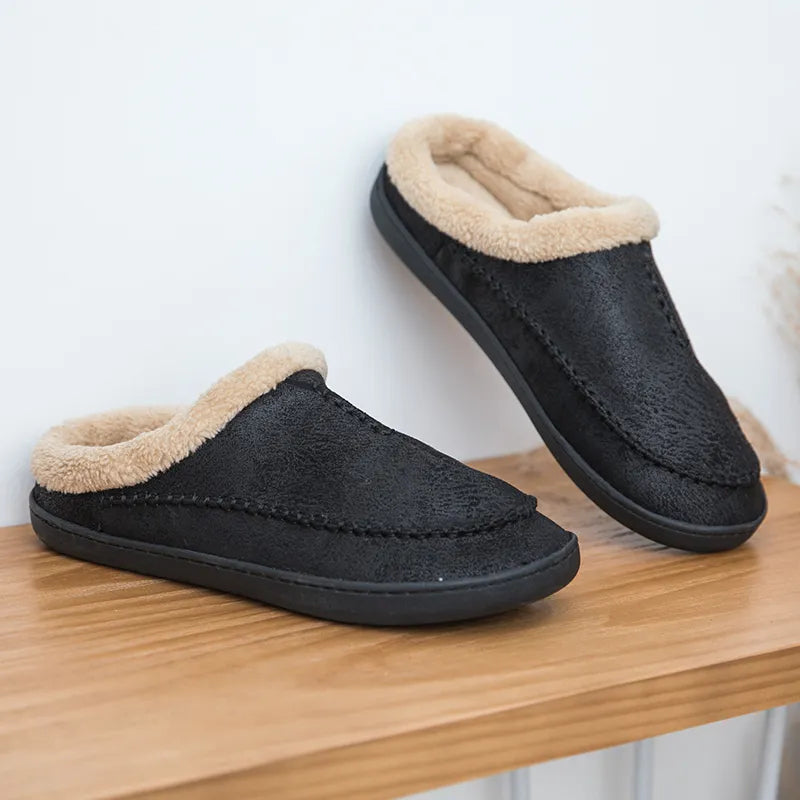 Herenpantoffels in suède look met mocassinsteek, omgeslagen teddykraag en open hiel - beeld 5